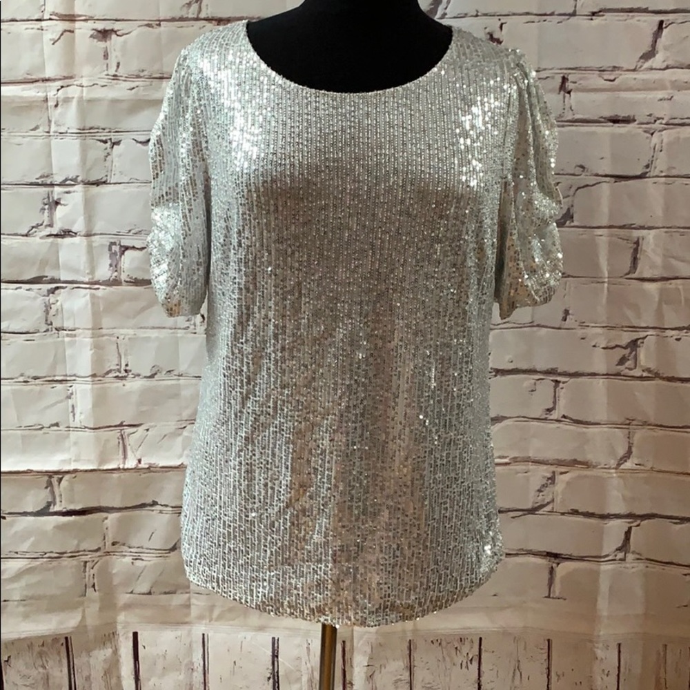 S/S ruched sleeve holiday sequin top sz 14/16